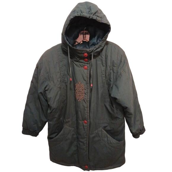 British Mist Hood Puffer Winter Coat M Green Embroidered Grannycore Cottage Gorp - Picture 7 of 16